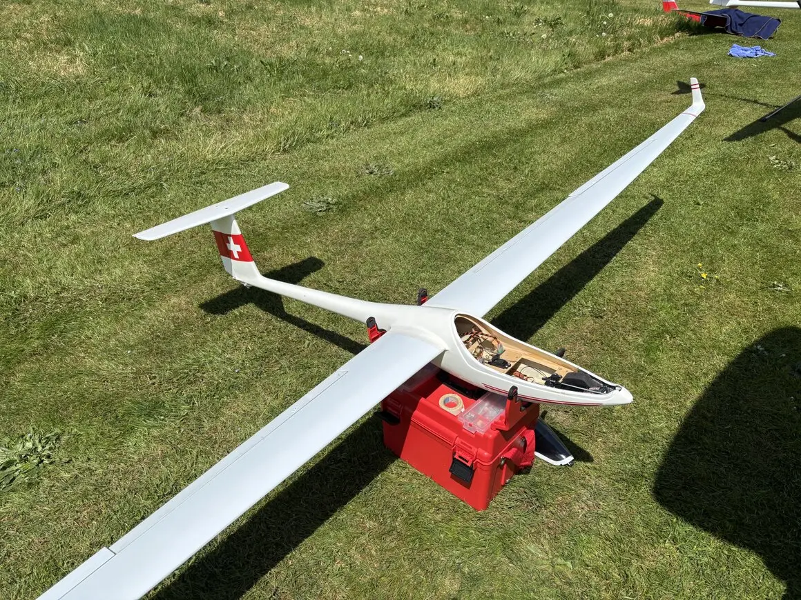 Gruppe von RC Segelflugpiloten beim gemeinsamen Flugtag auf der Wiese